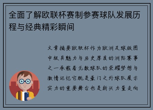 全面了解欧联杯赛制参赛球队发展历程与经典精彩瞬间